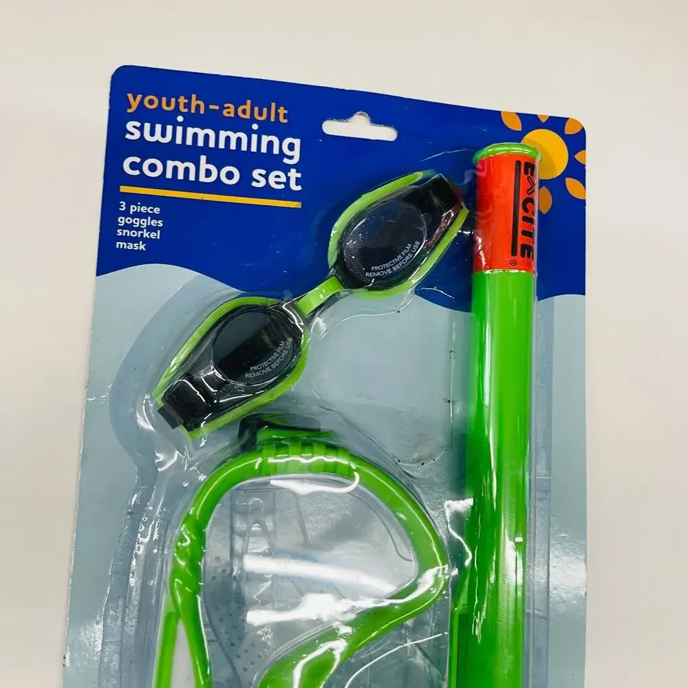 Youth-Adult Swimming Combo Set 3 Piece‎ Goggles Snorkel Mask Color Green